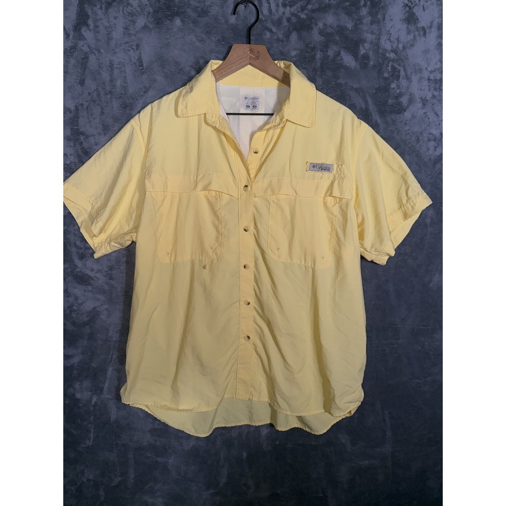 Columbia Womens PFG Shirt Size L Yellow Short Sleeve Button Up Vented Nylon